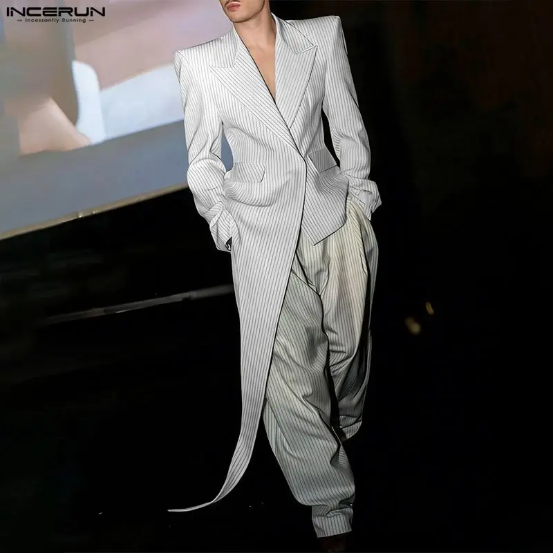 

Мужской пиджак INCERUN в полоску с лацканами, длинными рукавами, на одной пуговице, повседневный, уличный стиль, весна 2026, модный, асимметричный пиджак для мужчин