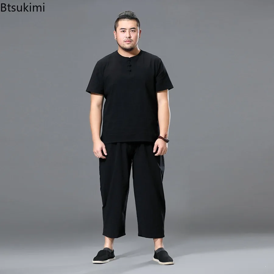 Summer Linen Set Men's Casual Short Sleeved T-shirt Nine Cents Pants Two-piece Set for Men Cotton Linen Loose Solid Color Set