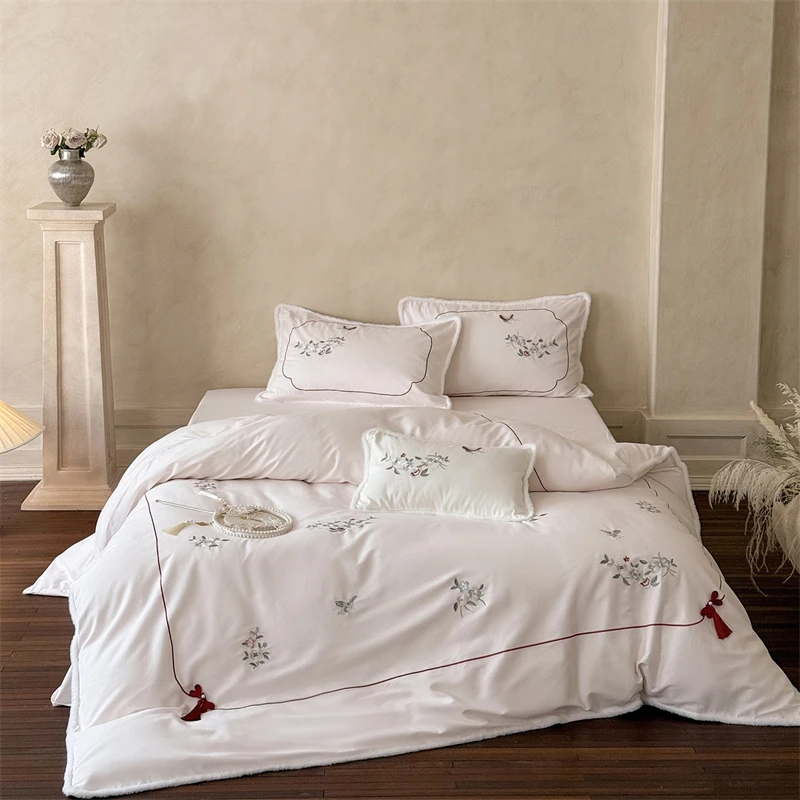 800TC Egyptian Cotton Brushed Luxury Bedding Set, Flowers Embroidery Duvet Cover, Bed Sheet/Fitted Sheet, With Pillowcases, 4Pcs