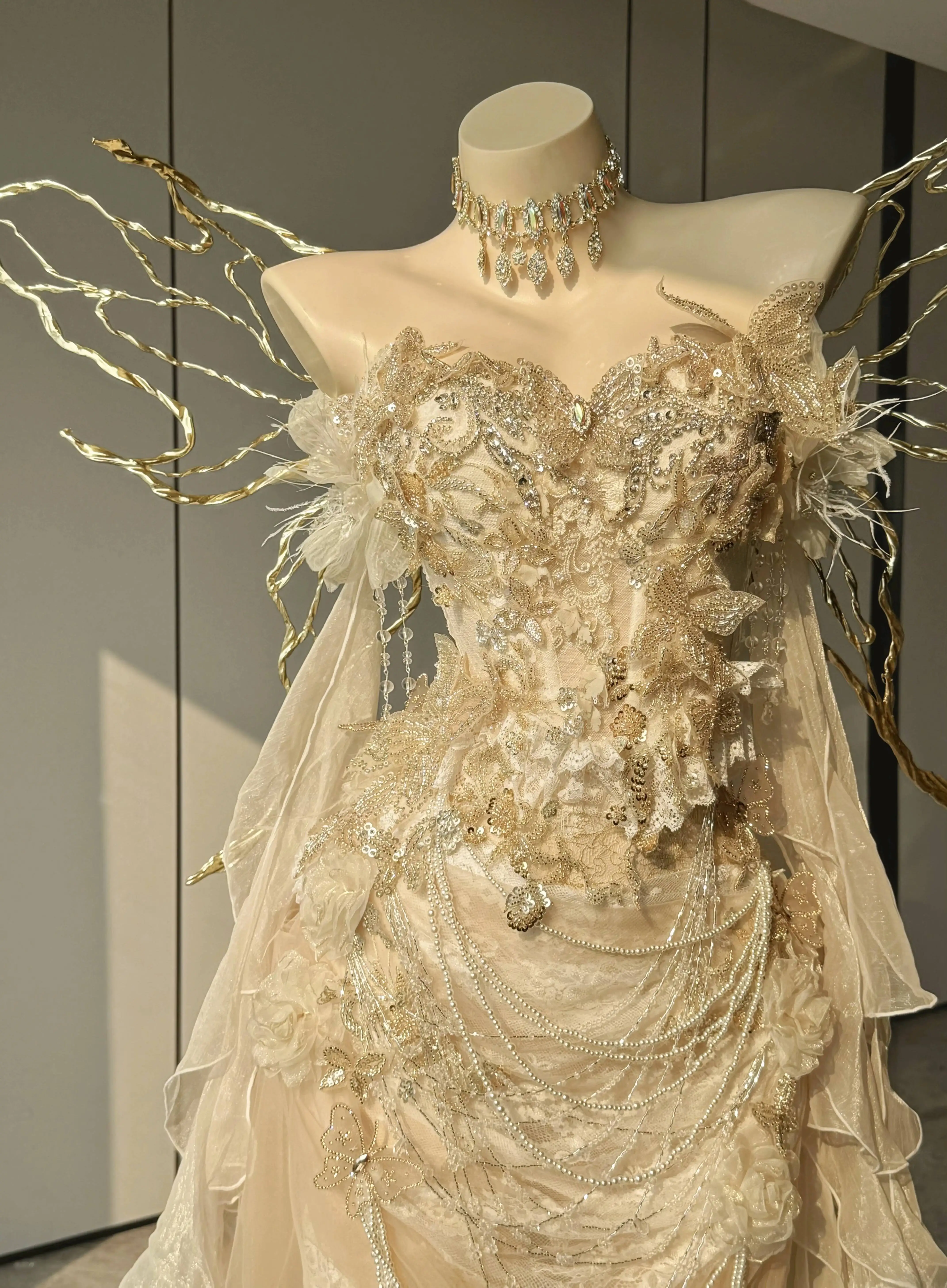 Champagne Gold Fairy Wing Mermaid Wedding Dress Off Shoulder Beaded Lace Bridal Gown With Train