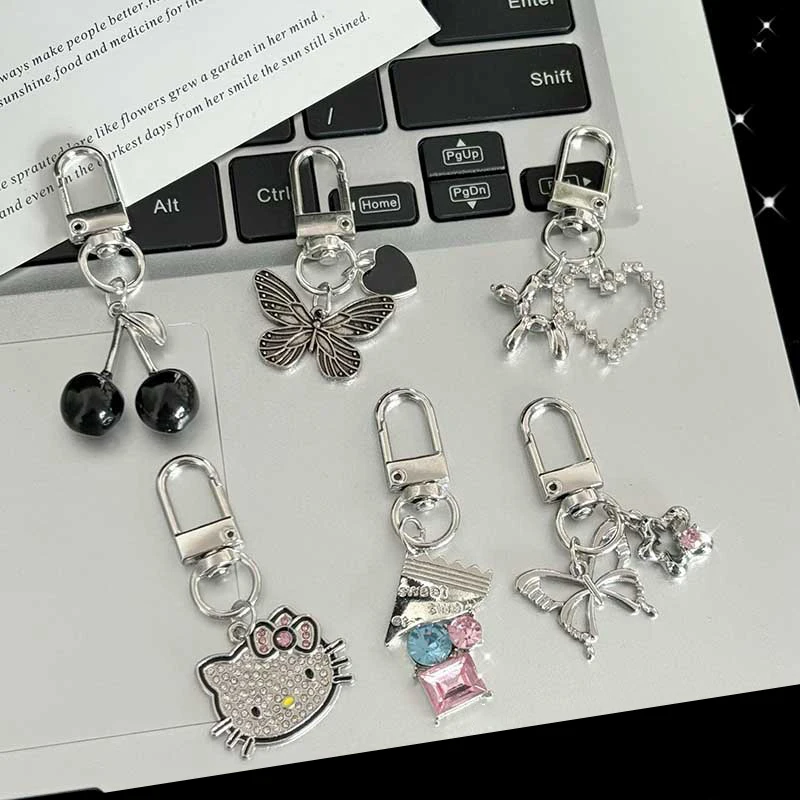 Y2K Silver Color Metal Butterfly Keychain Sweet Cool Cherry Keyring Girls Fashion Bag Pendant Backpack Hanging Decoration