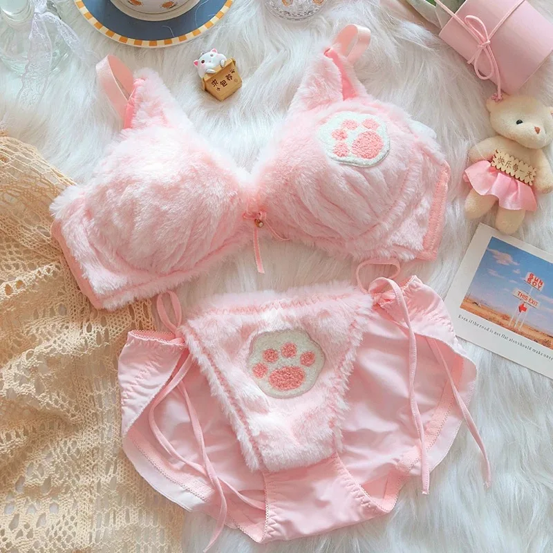 Girls bra set  plush bra underwear Japanese cute no steel ring push up bra comfortable warm lingerie underpants suit for women