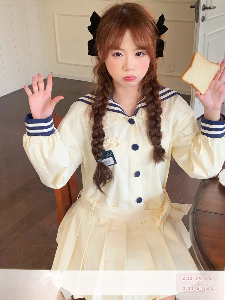 

Женское платье Sinsingirl весна 2026, темно-синее и бежевое, в студенческом стиле, с длинными рукавами, на пуговицах, приталенное, для повседневной носки