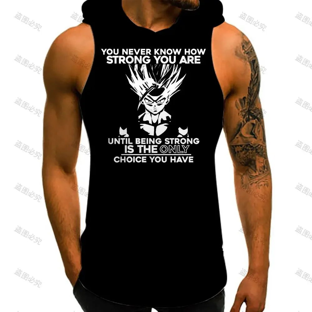 Hooded T-shirt Bodybuilding Dragon Ball Z Men's T-shirts Trend Mens Muscle Vest With Hood Anime Sleeveless Shirt Man Gym Vegeta