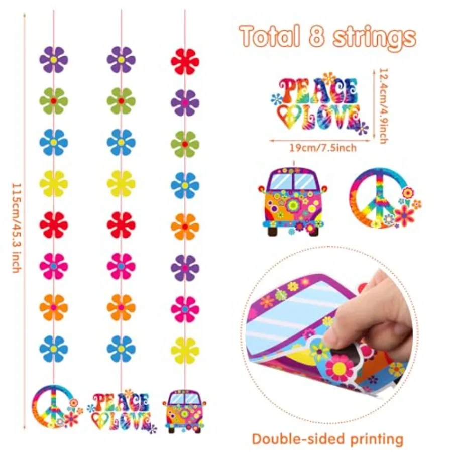 8 Pcs 60's Paper Garland Kit Decoration Groovy Retro Flower Ceiling Hanging Banner Tie Dye Hanging Cutouts Groovy Party Supplie