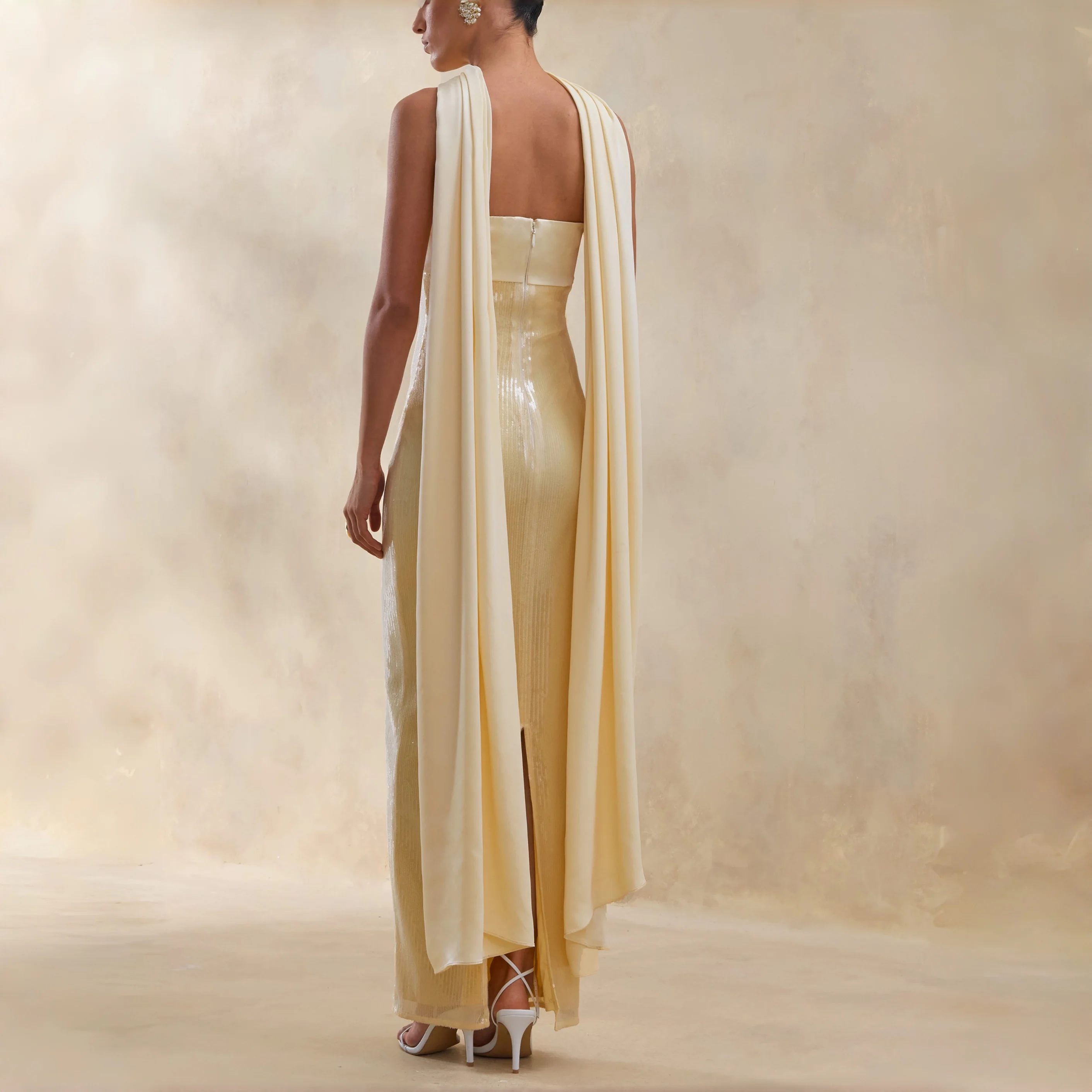 Cream Yellow Sequin Mermaid Maxi Dress with Strapless Bow and Chiffon Cape Cocktail Party Bridesmaid Wedding Guest Gown