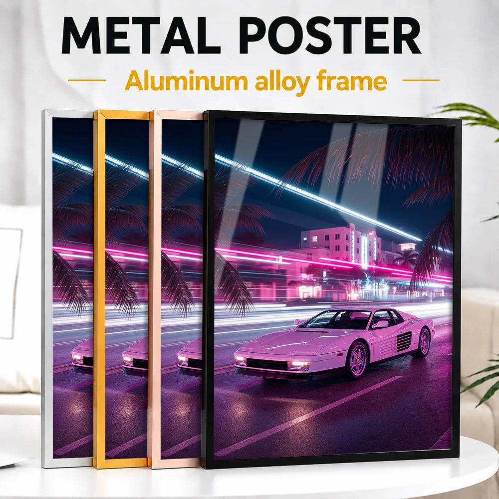 Italy Testarossa In Neon Miami Cityscape Framed Metal Print Customized Photo Technical Blueprint Style Wall Art For Game Room