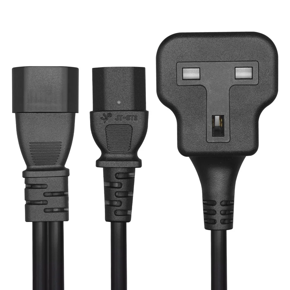 C14 to C13 UK Power Cable Splitter IEC Adapter for Computer Server PDU with Dual C13 Outputs and Integrated UK Socket