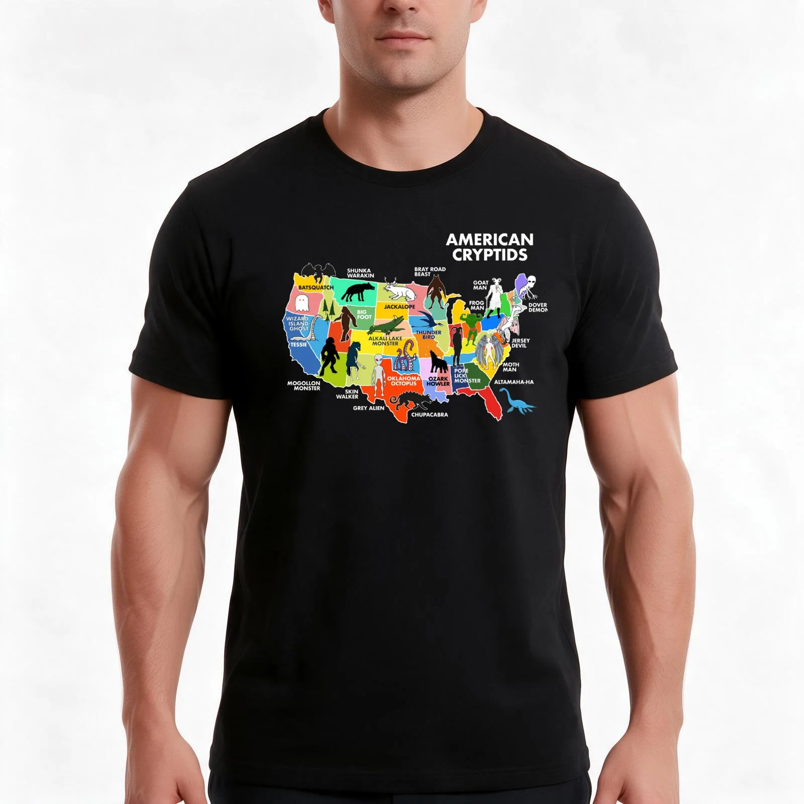 Map Of Cryptids In The US T-Shirt, Summer Casual Cotton Tee, Oversized Streetwear Tops, Vintage Graphic Print, Unisex Men Women