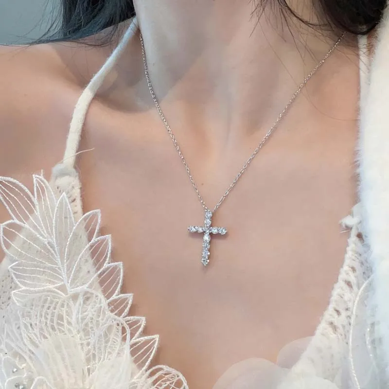 Full Moissanite Cross Pendant Original Sterg Sliver Chain Plated White Gold Fine Necklace For Women Jewelry