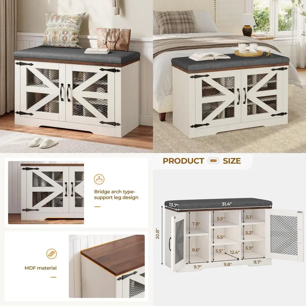 

Adjustable Metal and Wood Shoe Cabinet with Storage Bench and Cushion, Half Hidden Organizer Rack