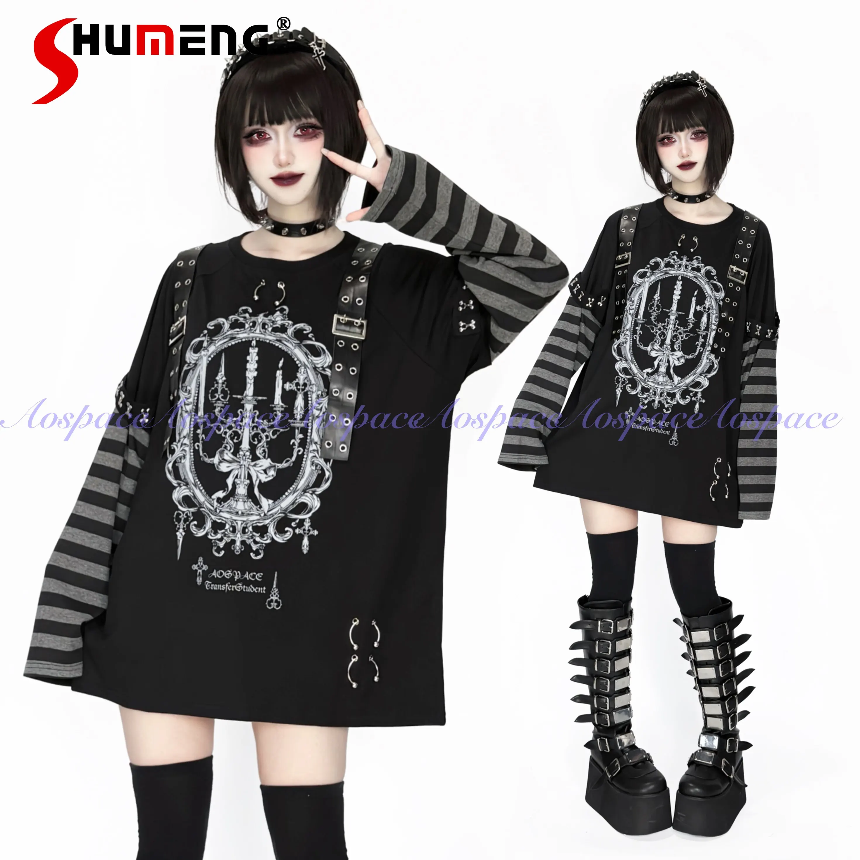 

Original Subculture Punk Dark Sweet Cool Fashion Long Sleeve T-Shirt for Women Spring Autumn Student Y2K Tie-Dye Print Loose Top