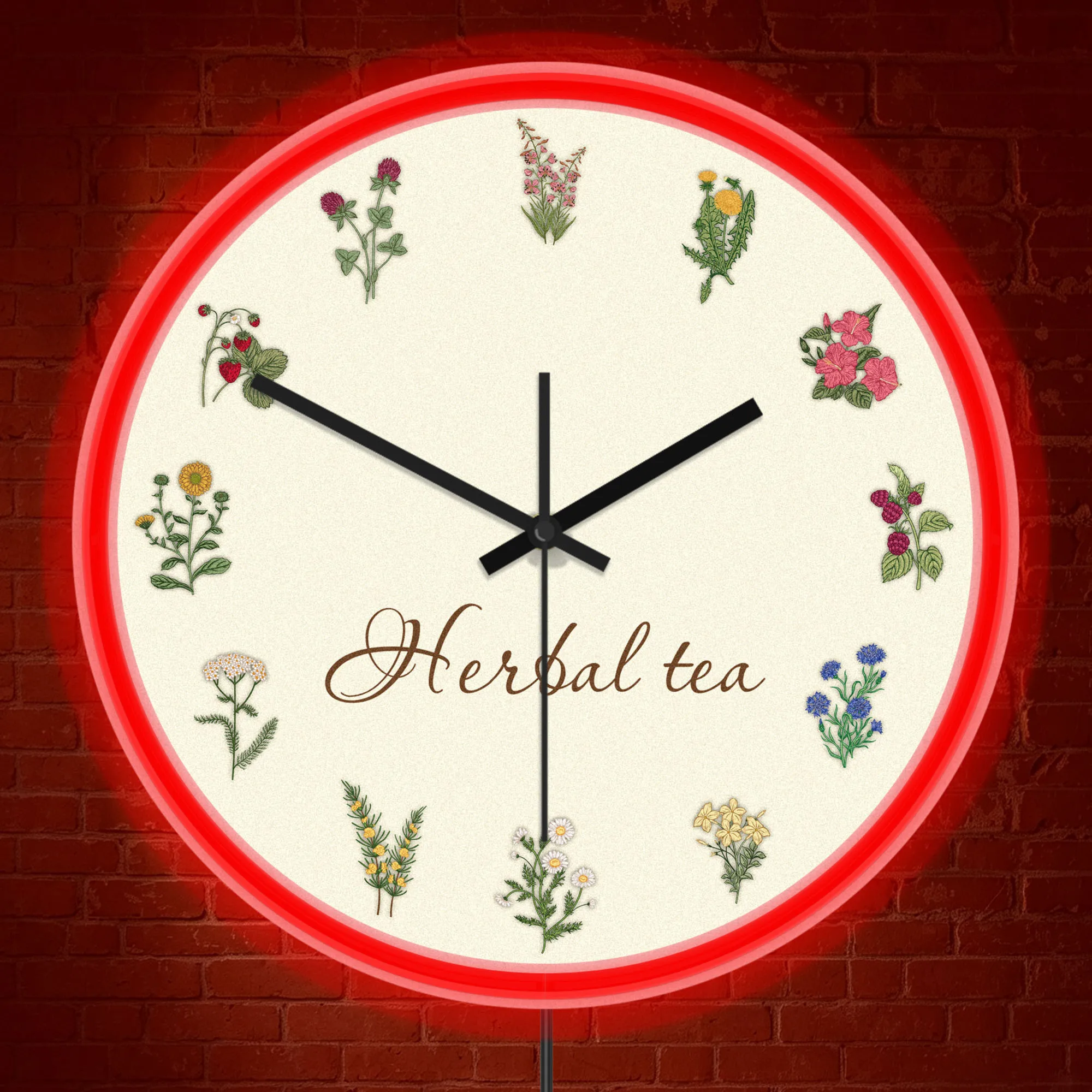 Botanical Herbal Tea Luminous Wall Clock with Built in Neon LED Ring As Soft Night Light Illuminated Sign for Tea Room Herb Shop