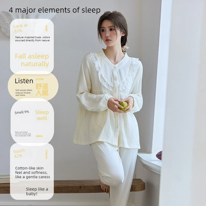 Lace Trim Cotton Gauze Sleepwear round Neck Open Cardigan Home Clothes Long Sleeve Long Pants Set for Women Spring Autumn