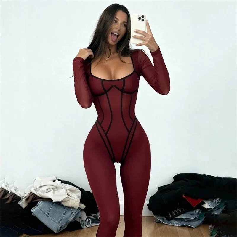 Long Sleeve Backless Sexy Jumpsuit Women Ladies Overalls Elegant Square Collar Striped Skinny Sporty Fitness Jumpsuits Clubwear
