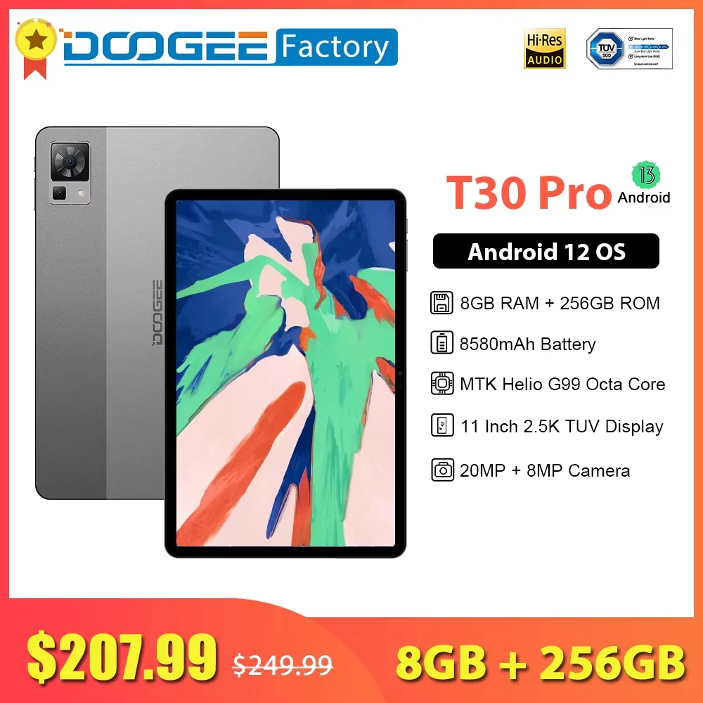 Глобальная версия планшета DOOGEE T30 Pro 11'' с разрешением 2.5K, сертифицированным TÜV, высококачественными динамиками, аккумулятором Widevine L1 8580 мАч, 8 ГБ оперативной памяти и 256 ГБ встроенной памяти, Android