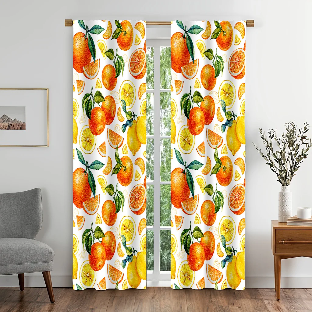 2pcs Citrus Fruit Curtains Orange Lemon Watercolor Print Drape Kitchen Dining Room Window Treatment Fresh Summer HomeDecorPanels