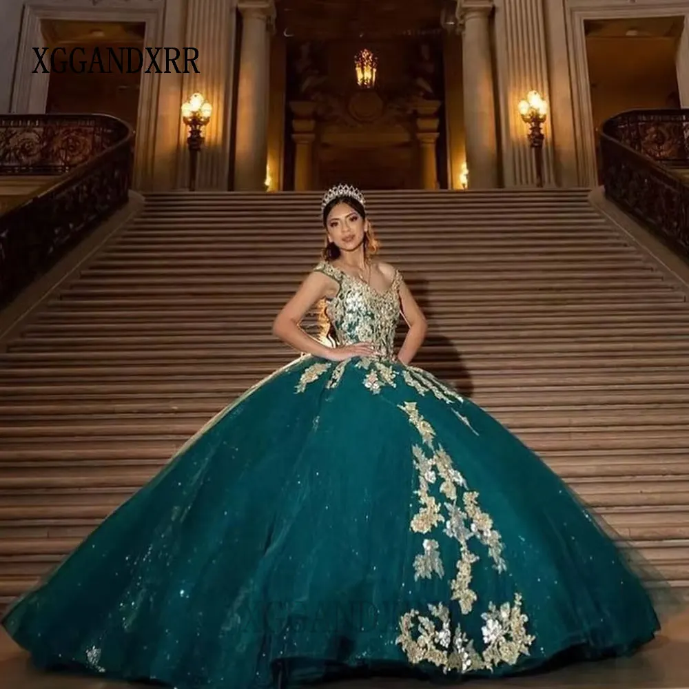 Vestido De fiesta verde oscuro brillante Vestido para quinceañeras 2026 apliques dorados lentejuelas princesa dulce 16 Vestido De XV Años Vestido De cumpleaños