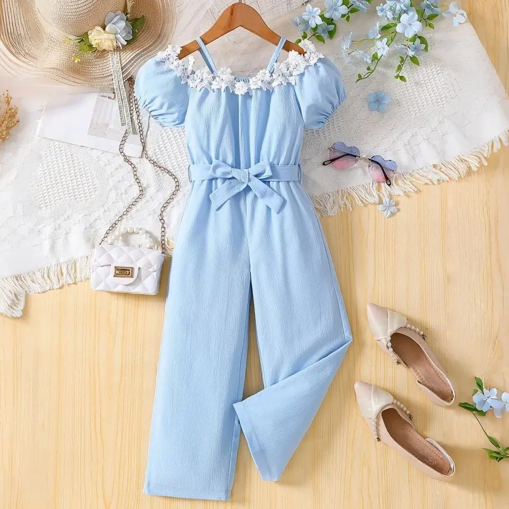 

Girls' Summer Jumpsuit with Belt Solid Color Short Sleeve Beach Outfits For Vacation Outdoor Kids Girls Clothing 3 To 10 Years