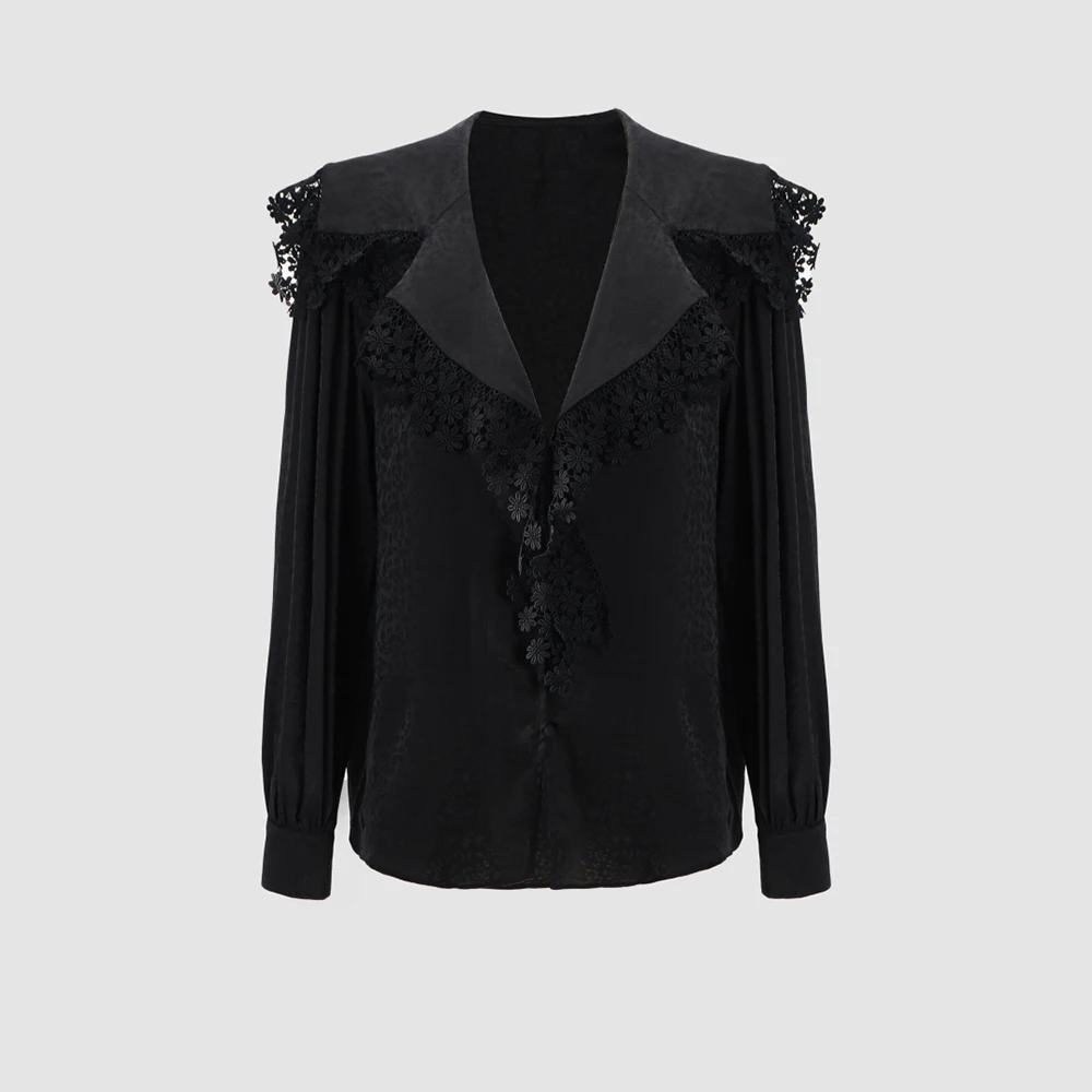 

Elegant Lace V-Neck Blouse Women 2026 Spring New Y2K Long Sleeve Satin Shirt Vintage Floral Lace Trim Office Lady Casual Tops