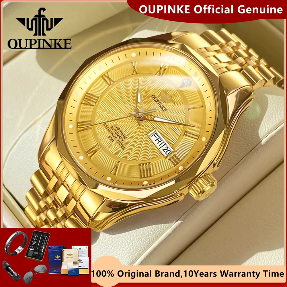 OUPINKE Real Diamond Automatic Mechanical Watch for Men Swiss Top Brand Luxury Sapphire Crystal Mirror Waterproof Gold Watches