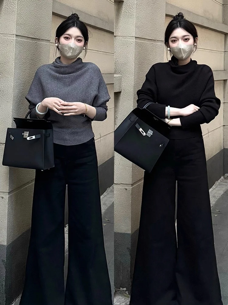 Draped Cowl Neck Knit Sweater Batwing Long Sleeve Solid Gray Slim Cropped Pullover Elegant Minimalist Fall Winter Soft  Knit Top