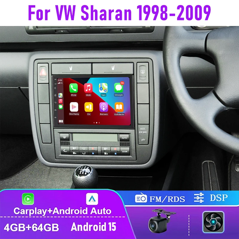 

7" 4+64GB For VW Sharan 1998-2009 Car Radio Carplay Android 15 Auto Steering Wheel Control 2DIN GPS Rear Camera FM