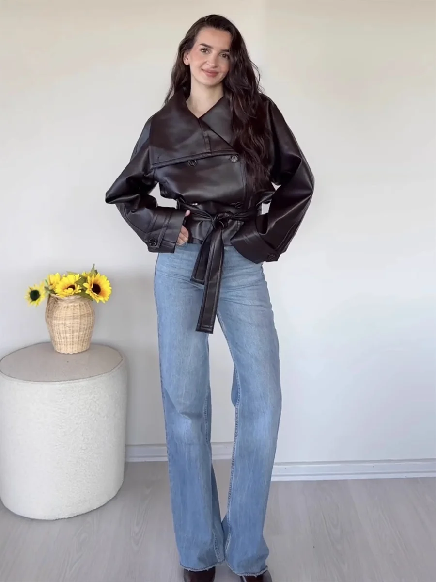 TWOTWINSTYLE Solid Spliced Lace Up Vintage Leather Jackets for Women Lapel Long Sleeves Patchwork Double Breasted Jacket Female
