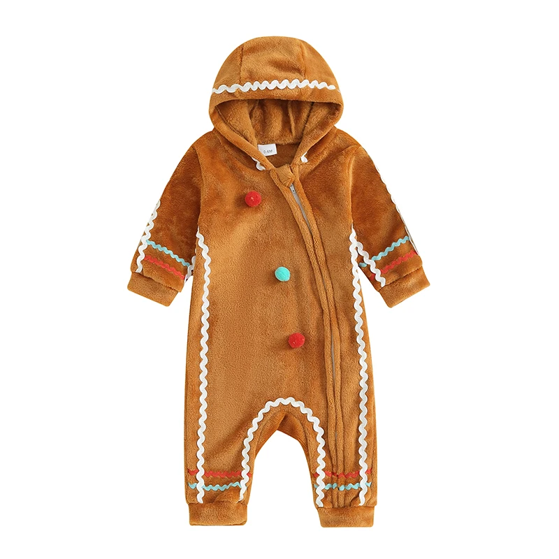 Baby Gingerbread Costume Boys Girls Christmas Outfit Fuzzy Long Sleeve Romper Ginger Bread Cosplay Outfit