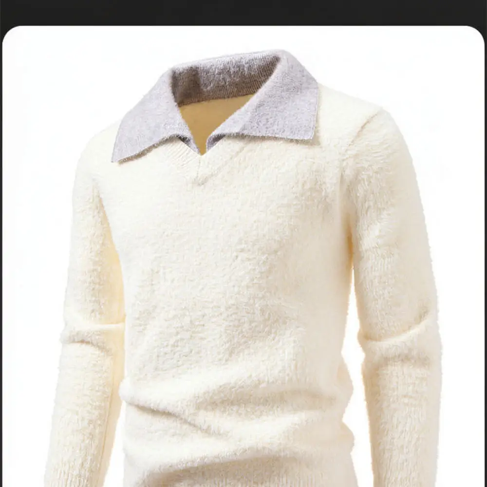 Mens Warm Knitwear Fake Two Piece Polo Collar Long Sleeve Pullover Sweater Casual Fashion Autumn Winter Contrast Top