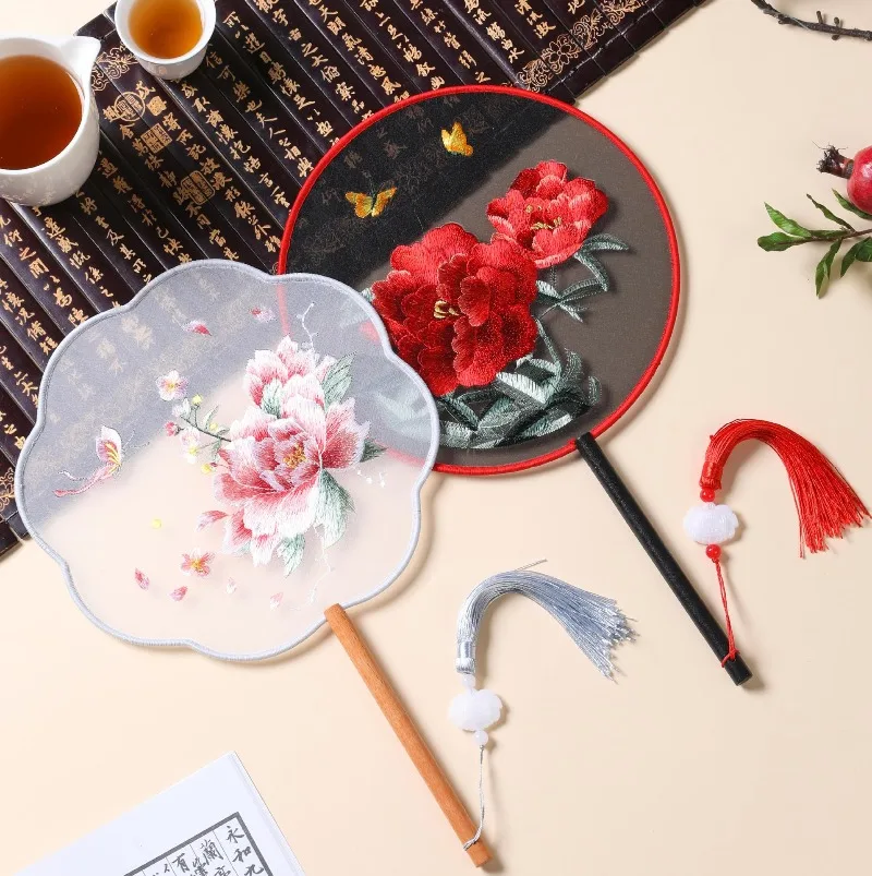 Chinese Style Hand Fan Double Sided Floral Embroidery Tassel Fan For Women Wedding Dance Summer Household Decor Accessory