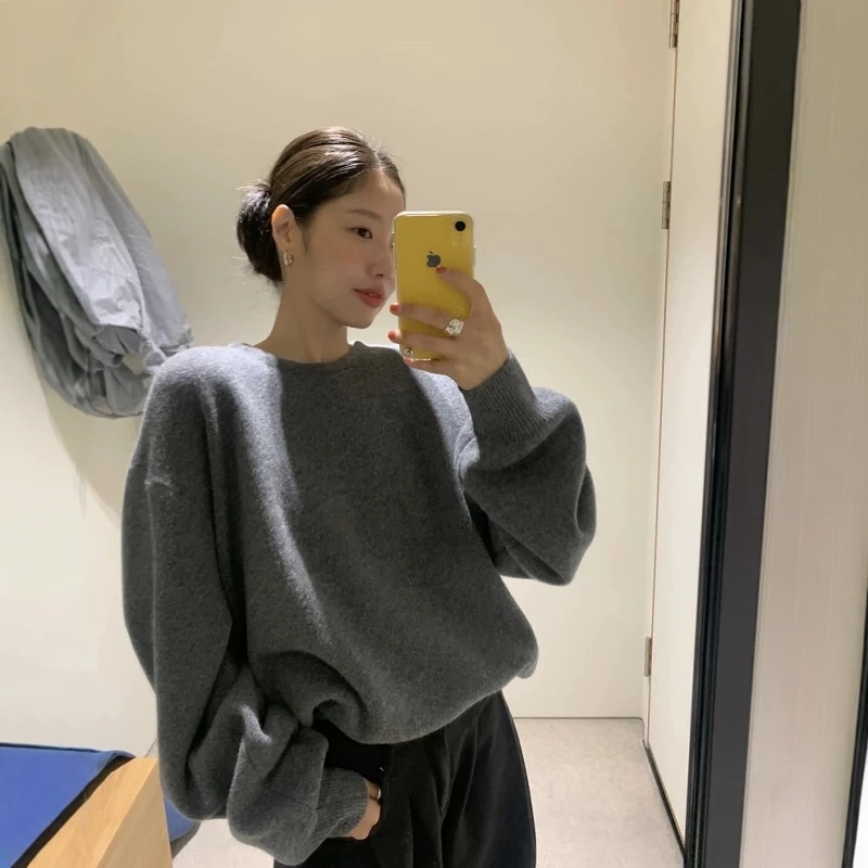

Korean Moon Winter Warm Knitted Sweater oulder Drop Soft Cozy Overhead round Ne Knitwear Z672 Commute Sle Pure Color