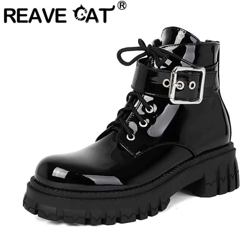 

REAVE CAT British Female Ankle Boots Round Toe 4.8cm Thick Sole Zipper Lace Up Belt Buckle Plus Size 41 42 43 Casual Daily Bota