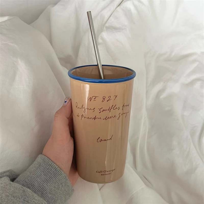 Luxury Korean Coffee Cup With Straw Aesthetic Ceramic Mug For Tea Milk Water Juice Mocha Lover Breakfast Cup Birthday Gift 450ml