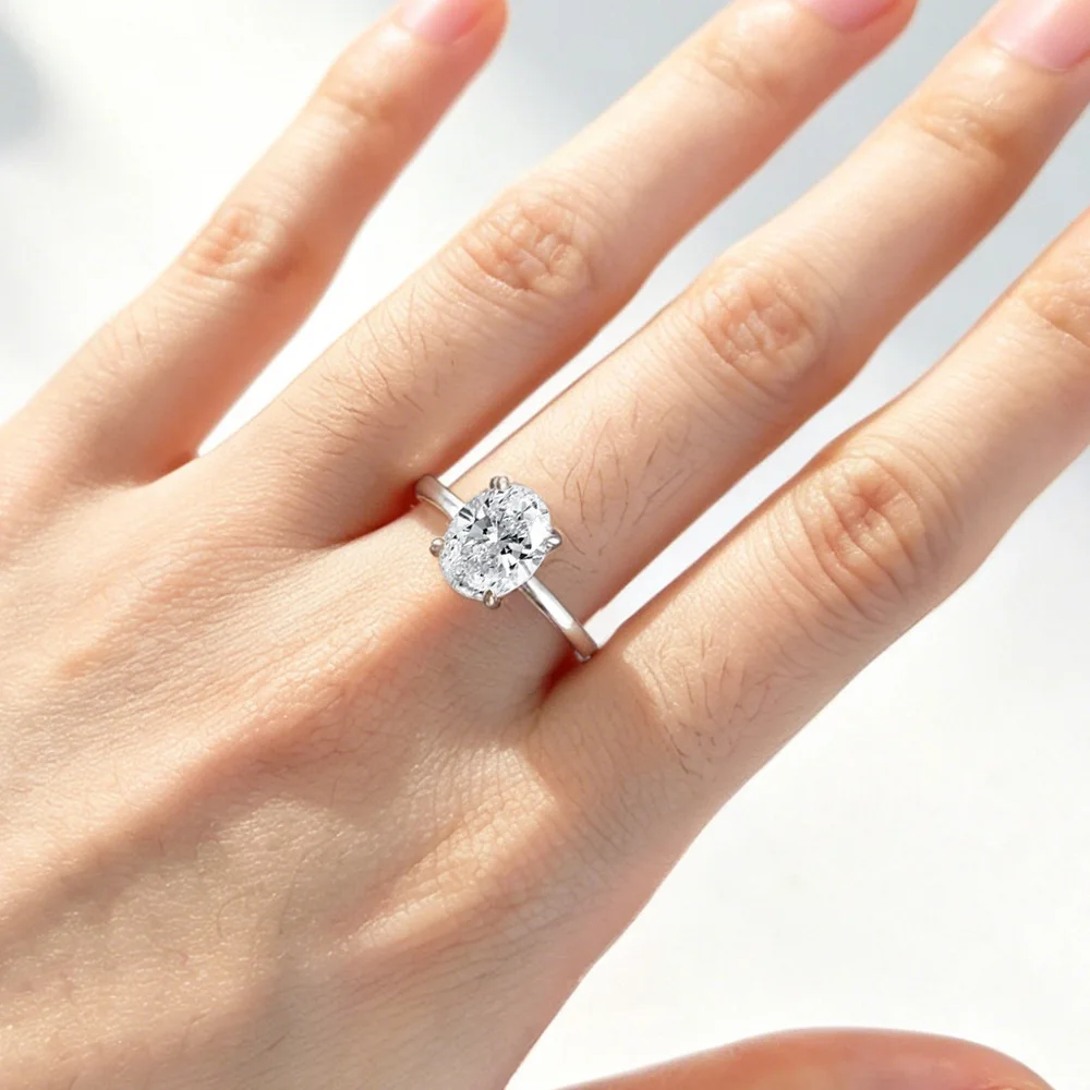 Dave&di S925 Pure Silver Four Claw D-color Oval Pigeon Egg 2-carat Moissanite Ring European And American Simple And Versatile We