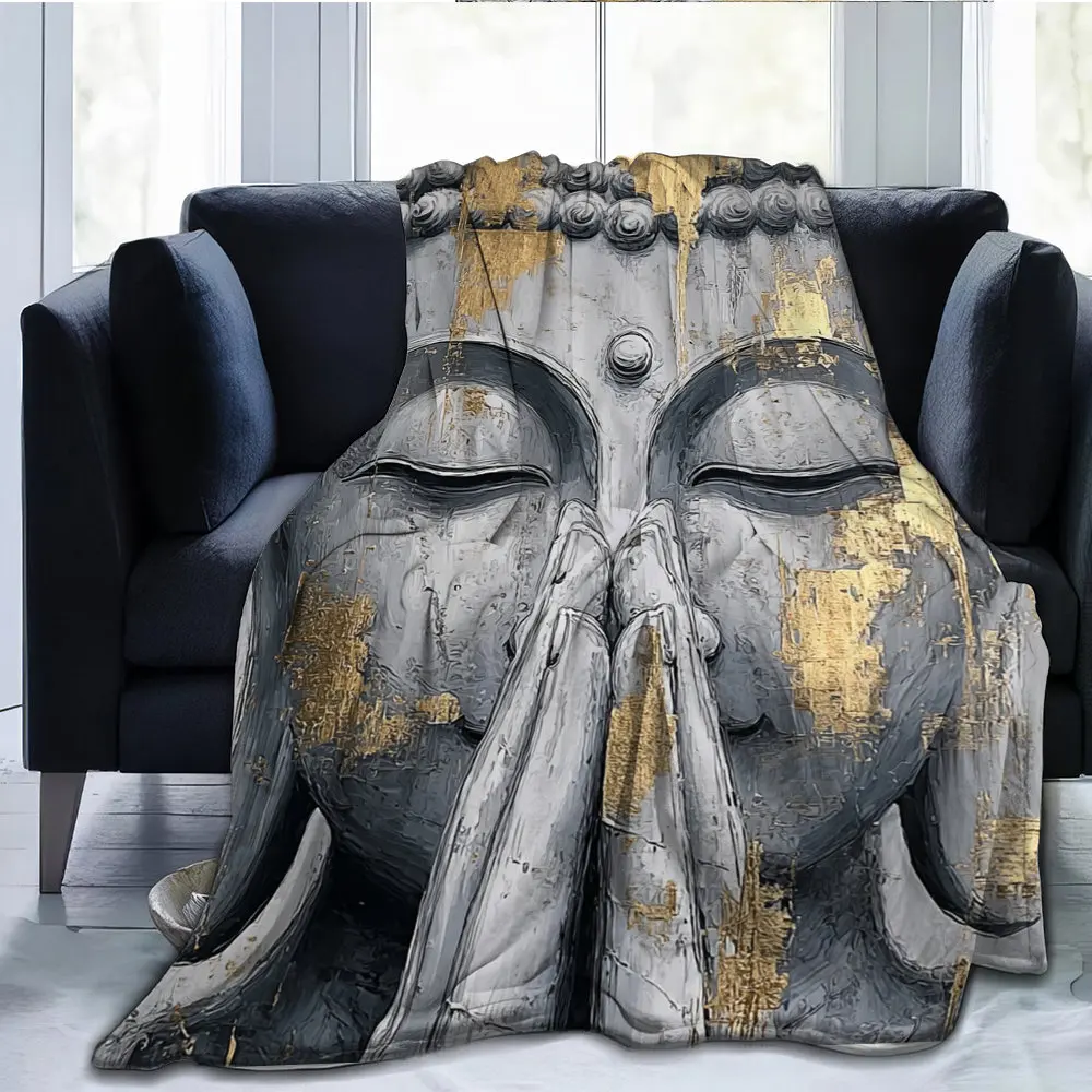 Retro Gilded Buddha Statue Theme Flannel printed blanket suitable for all seasons suitable for living room office sofa travel