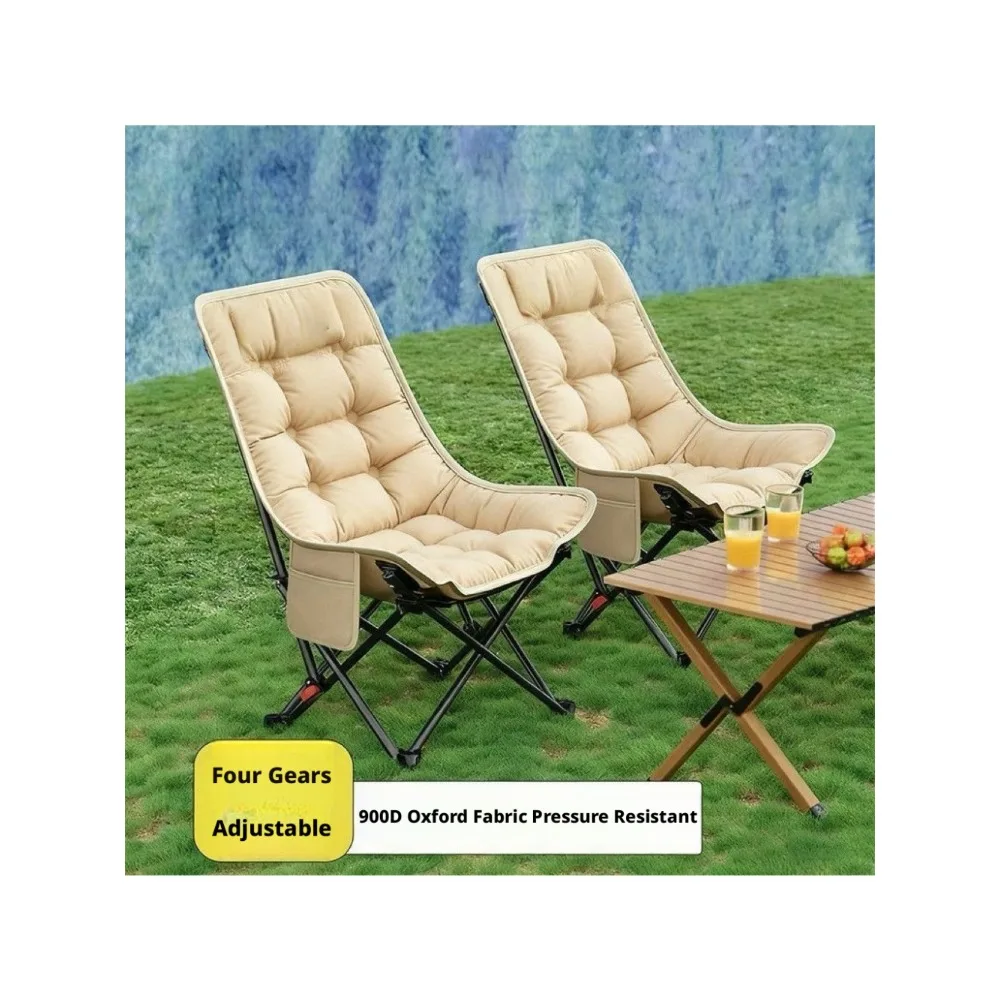 Thickened Cotton Outdoor Folding Comfortable Reclining Moon Chair with 4 Gear Adjustment for Camping Nap