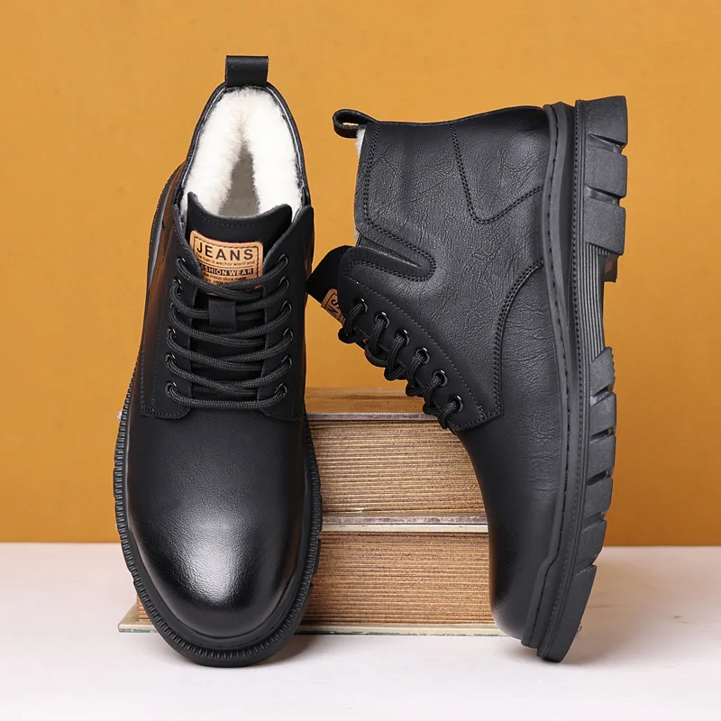 

Winter New Genuine Leather Men's Boots Natural Fur Warm Ankle Boots Working Men Footwear Waterproof Snow Boots Rubber