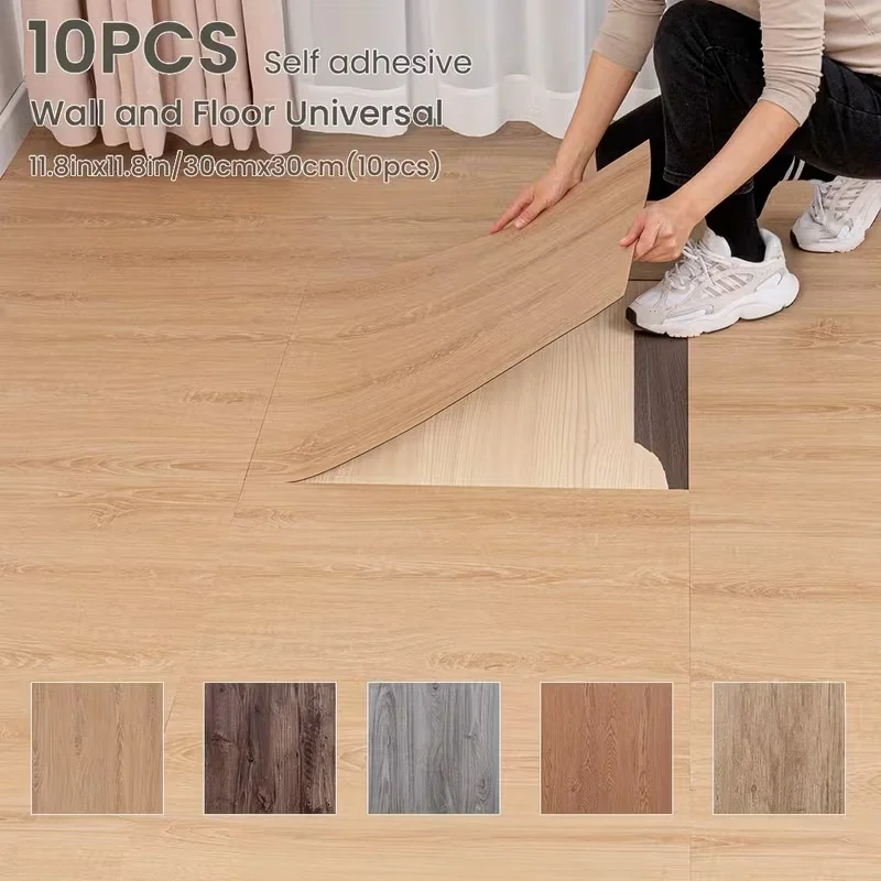 10pcs Self-Adhesive Wood Grain Floor Sticker, Wear-Resistant Non-Slip Thickened PVC Floor Decal for Wall & Floor Home Decoration