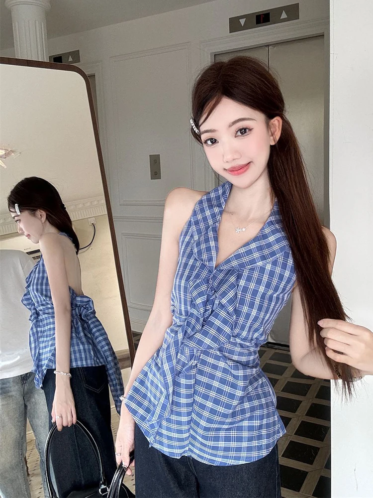 

Jmprs V Neck Ruffles Plaid Tanks Women Sexy Backless Bow Slim Vintage Tanks Tops Summer Korean Casual Halter Elegant Retro Tanks