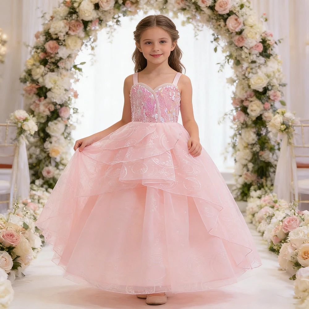 エレガントガールプリンセスロングドレス結婚式用フラワーチャイルドコスチュームスパンコールノースリーブイブニングドレス女の子の誕生日パーティードレス