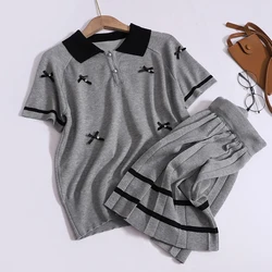 Women Summer New Preppy Style Loose Knit Set Bow Polo Neck Short Sleeved T-shirt Elastic Band High Waist Striped Pleated Skirt