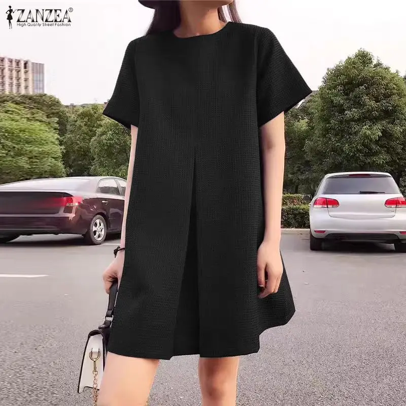 Modisches Plissiertes Sommerkleid ZANZEA Damen Sexy Minikleider Kurzarm Einfarbig Sommer Lässig Locker Übergroß Party Vestidos 2026