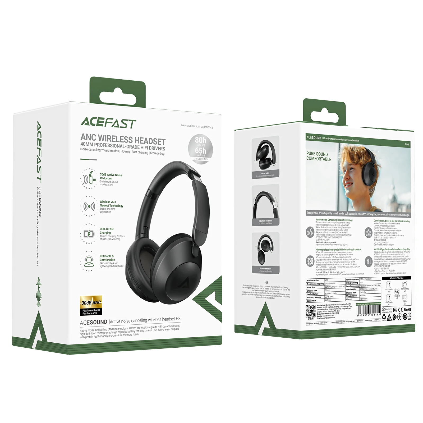 ACEFAST Original H3 30dB ANC Noise Reduction Wireless Bluetooth Headphones HiFi Stereo Music Sport Foldable Headset with HD Mic