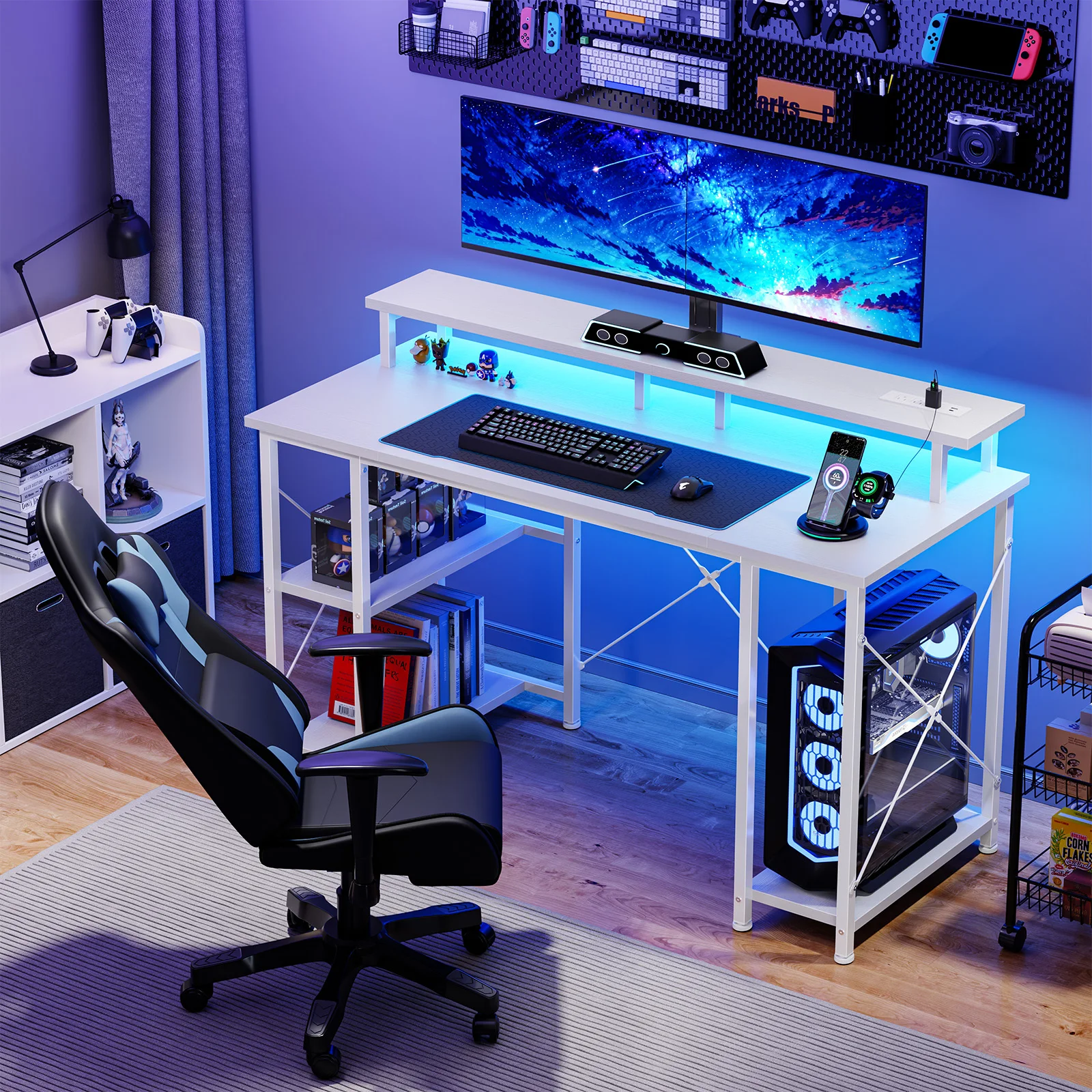 MCQ 47 Inch Standing Office Gaming Desk with LED Lights Ergonomic Reversible Computer Desk with Drawers and Monitor Stand with USB Charging Ports for Home Office Use Workstation