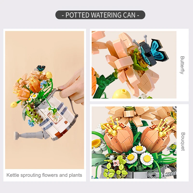 Creative Watering Can Potted Assembled Building Blocks Flower Plant Bonsai Bouquet 3d Model Decoration DIY Children\'s Toy Gift