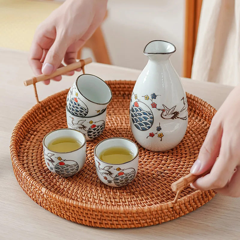 Japanese Sake Set Crane Design Wine Cup Korean Soju Glasses Porcelain Saki Pot Cup (1 Pot + 4 Cups) Dishwasher Safe