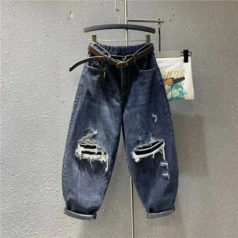 

Loose Dad Jeans Men's Autumn Winter Large Size Harlan Pants Cuffed Trousers with Hole Breathable Polyester Straight Leg Jeans