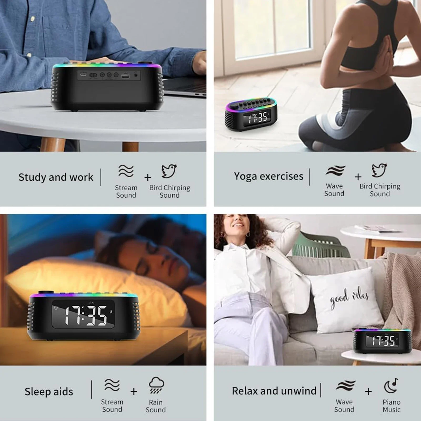 RGB سمّاعات بلوتوث الأبيض الضوضاء صندوق تشغيل الموسيقى النوم المعونة مكبرات الصوت توقيت آلة إيقاف التشغيل هيئة التصنيع العسكري 8 مجموعة طبيعة الصوت الاطفال الكبار هدية