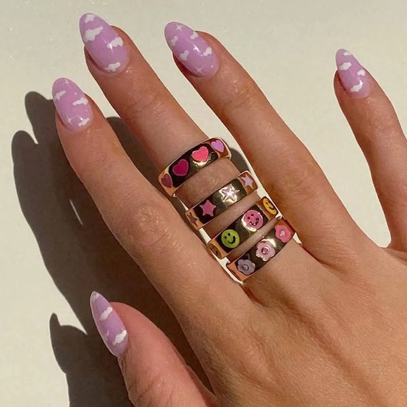Candy-colored Smiling Face Titanium Steel Gold-plated Ring Retro Fashion Personality Ring Female